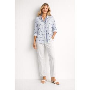 Chicos Blue White Stripe Print Button Shirt Size 1 810 Kim Rogers White Pants 12